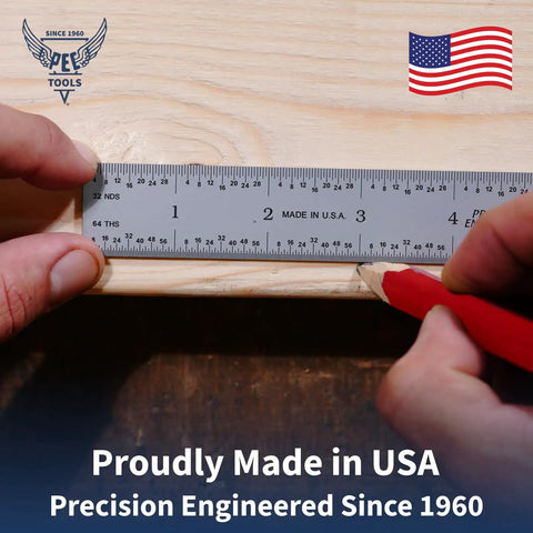 Dead Nuts Accurate Six Inch Metal Ruler Featuring Sharp Etched Scale Markings Built From Fully Hardened Carbon Steel With Sleek Chrome Plating For Pro Tradesmen Who Want Rock Solid Measurements Every Single Time placed on wood with pencil.