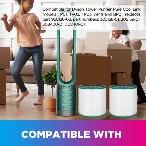 2 Pack TP01 Replacement Air Purifier Filter For Dyson Tower Purifier with True HEPA and Activated Carbon Filter next to tower.