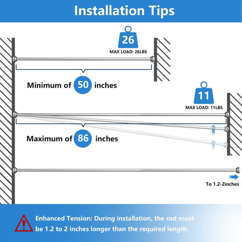 Installation tips for Adjustable Stainless Steel Shower Curtain Rod 1 Inch Diameter Extends From 50 To 86 Inches, Spring Tension Design
