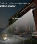 Outdoor Solar Motion Sensor Flood Light With 1400 Lumens illuminating house exterior and yard at night, highlighting motion sensor range.