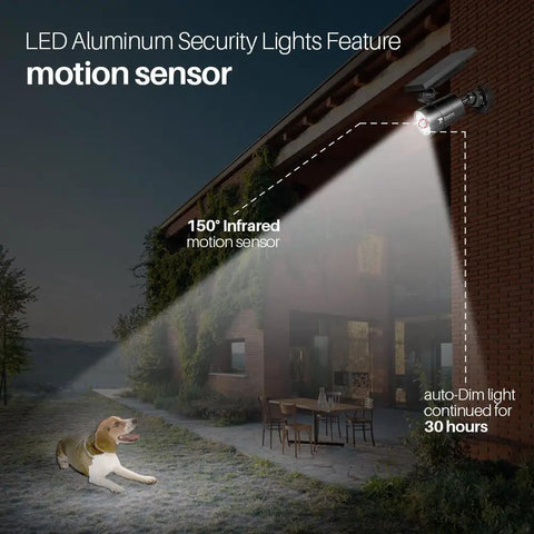 Outdoor Solar Motion Sensor Flood Light With 1400 Lumens illuminating house exterior and yard at night, highlighting motion sensor range.