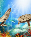 Six Piece 3D Wooden Sea Animals Puzzle Set For Adults And Teens Totally Eco Friendly 3mm Wood Brain Teaser And STEM Gift Build Hands On Fun With Dolphins Whales Turtles Sharks Seahorses And More At Home. whale and turtle wooden puzzle models with size markings