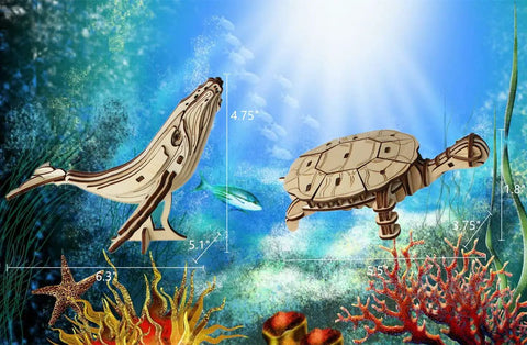 Six Piece 3D Wooden Sea Animals Puzzle Set For Adults And Teens Totally Eco Friendly 3mm Wood Brain Teaser And STEM Gift Build Hands On Fun With Dolphins Whales Turtles Sharks Seahorses And More At Home. whale and turtle wooden puzzle models with size markings