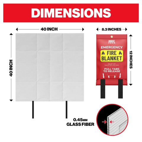All In One Fire Safety Kit With Four Kitchen Fire Blankets, 40 inch dimensions shown, made of 0.45mm glass fiber material.
