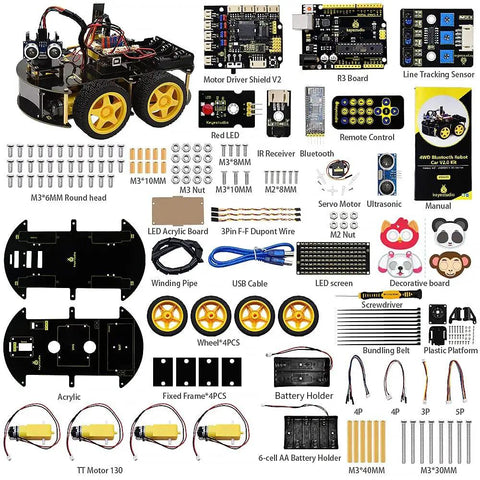 4WD Arduino Compatible Smart Car Kit For DIY Makers, Dual Programming Modes With Graphical Mixly And Arduino Code, STEM Robotics Project For Teens And Adults, Uno R3 Compatible Educational Coding Kit, parts layout