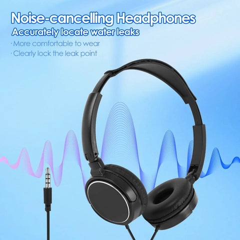 13000x High Amplification Pipe Leak Detector Kit With Rechargeable Battery, Large Headphone, And Field Strength Meter For Home Plumbing Pro Level Leak Finder For Hidden Leaks, Long Battery Life, Fast Accurate Detections. Noise-canceling headphones and audio jack shown