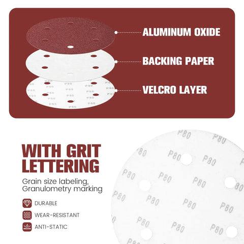 9 inch aluminum oxide sanding disc layers showing backing paper and velcro layer for drywall sanding, P80 grit.