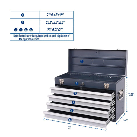 21 Inch Freestanding Rolling Tool Chest With Slick Auto Locking Drawers And Smooth Ball Bearing Slides Heavy Duty Utility Storage Cabinet For Mobile Workspaces And Daily Grinds Antique Grey, showing open drawers and dimensions.