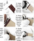 XinYunfan watch band pin remover tool with stainless steel pins; six-step installation collage with leather strap.