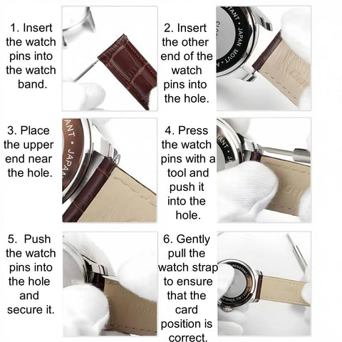 XinYunfan watch band pin remover tool with stainless steel pins; six-step installation collage with leather strap.