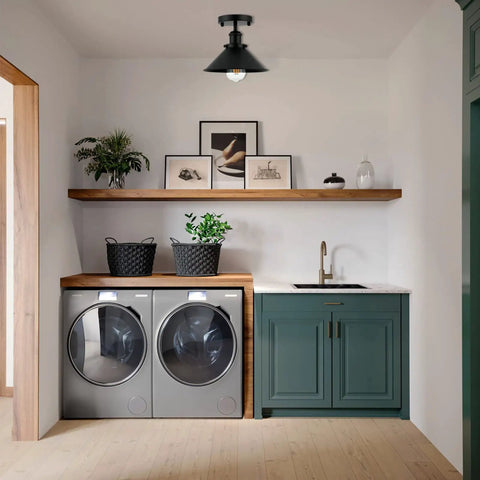 Laundry room with a Set Of 2 Vintage Industrial Black Ceiling Lights Semi Flush Mount Fixture, matte black finish over washer and dryer.