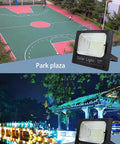 100W Solar Flood Light With Remote Control Dusk To Dawn Outdoor Lamp 324 LEDs illuminating a park and villa at night