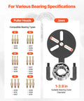 36 Piece Bearing Puller Set With 3 Jaw Hook Pullers for various bearing sizes and outer diameter specifications chart.