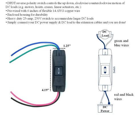 DPDT Momentary Forward Reverse Up Down Polarity Switch For Hoists Winches Cranes Motors And Linear Actuators Heavy Duty 25A Reversing Control Easy Wire Safe Operation Plug And Play Ready DIY Projects, 4.19 in black housing with 6 in leads