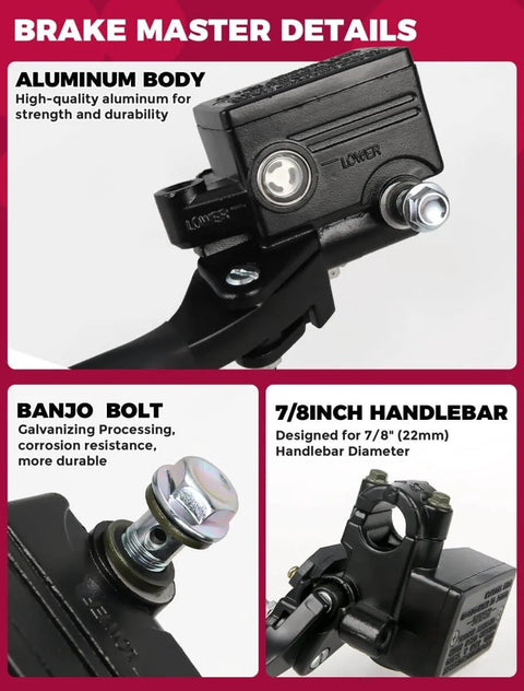Hydraulic Brake Master Cylinder Lever For Honda ATV Foreman Rincon Rancher TRX Models Front Brake Handle Seven Eighths Inch Lever featuring aluminum body and banjo bolt.