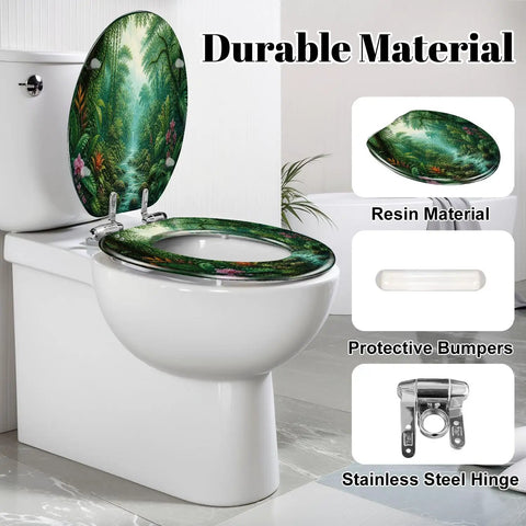 Elongated Tropical Rainforest Stream Waterfall Vibrant Plants Toilet Seat with resin construction and stainless steel hinge.