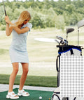 Woman golfing with clubs; inset shows 300 Pack White Reflective Dot Stickers For Golf Balls And Clubs, Tiny 0.65 Cm Dots, Waterproof PET.