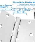 Close-up of Heavy Duty Brushed Nickel Door Hinges 3.5 Inch Square Corner with instructions for hinge pin removal.