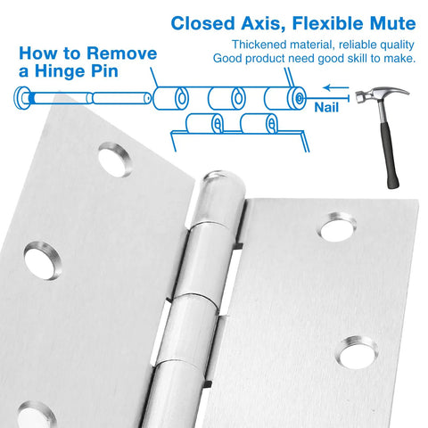Close-up of Heavy Duty Brushed Nickel Door Hinges 3.5 Inch Square Corner with instructions for hinge pin removal.