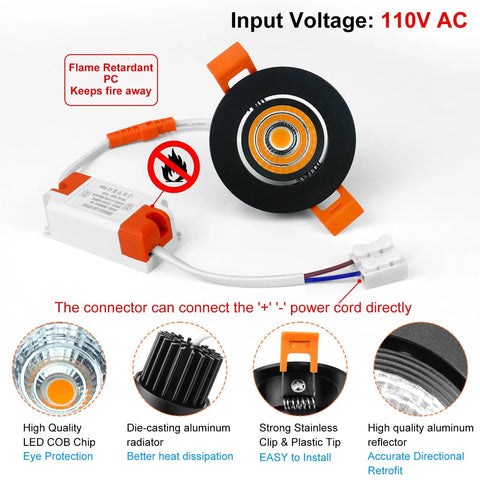 2 Inch LED Downlight Recessed Lighting 3W COB Dimmable Warm White 3000K CRI 80 Black Trim Ceiling Light with driver