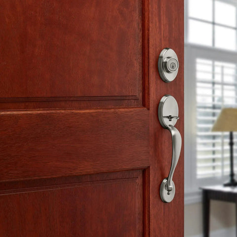 Front Door Lock Handleset With Deadbolt For Exterior Entry In Satin Nickel on wooden door, focus on handle and deadbolt design.