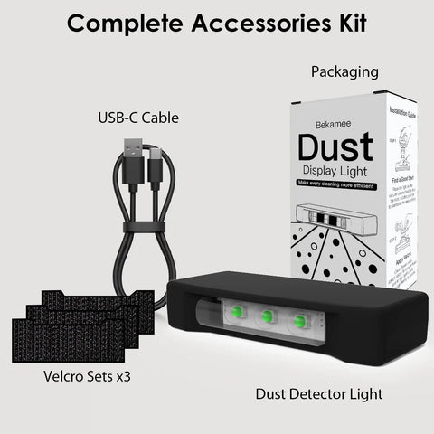 Ultra Wide Vacuum Dust Display Light With Auto Start Stop Center Mounted Reveals Hidden Dust And Pet Hair Works With Dyson And All Vacuums USB C Rechargeable Easy Setup Totally Handy For Cleaning with accessories including USB-C cable and velcro.
