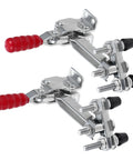 Heavy Duty Vertical Toggle Clamps Quick Release Metal Hold Down Vise Pro Level Fast Acting Workshop Tool Easy Snap Lock Setup For Woodworking And Metal Fabrication Solid Secure Grip Two Pack with red rubber grips.