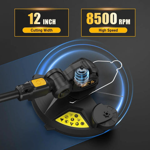 Top view of 3 In 1 Cordless String Trimmer Edger And Mini Mower For 20V Max Batteries 12 Inch Cut 8500 RPM Auto Feed Weed Wacker With Adjustable Handle Battery Not Included showing cutting width and RPM specifications.