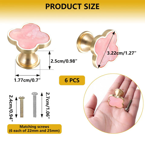 Pink Cabinet Knobs 6 Pack Zinc Alloy Single Hole Drawer Pulls with decorative 3 leaf style shown with dimensions and screws