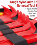 Trim Removal Tool Set With Pick And Clip Remover, red nylon tools in case, close view, safe scratch-free install tools