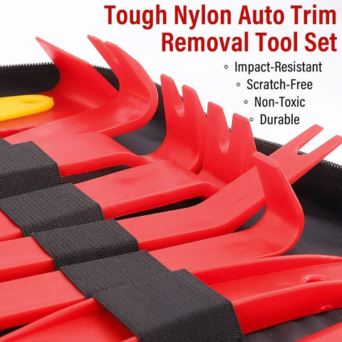 Trim Removal Tool Set With Pick And Clip Remover, red nylon tools in case, close view, safe scratch-free install tools