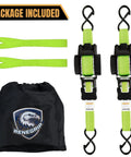 Heavy Duty Retractable Ratchet Straps Made To Haul Your Rig Without The Headache One Inch By 12 Feet With A Serious 1760 Pound Breaking Strength Engineered To Fasten Motorcycles UTVs ATVs And Trailers Delivered In Neon Green Two Pack Bundle with storage bag and extra tie downs.