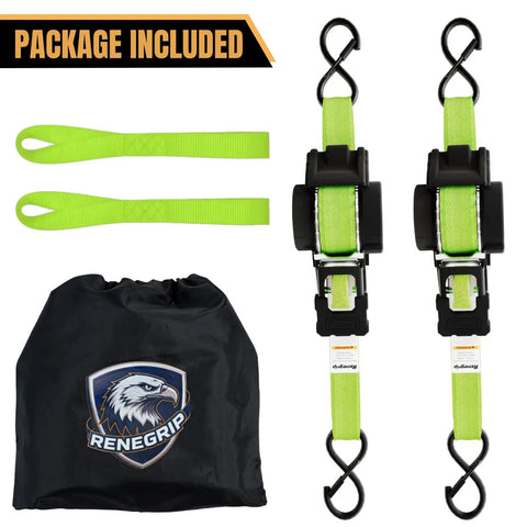 Heavy Duty Retractable Ratchet Straps Made To Haul Your Rig Without The Headache One Inch By 12 Feet With A Serious 1760 Pound Breaking Strength Engineered To Fasten Motorcycles UTVs ATVs And Trailers Delivered In Neon Green Two Pack Bundle with storage bag and extra tie downs.