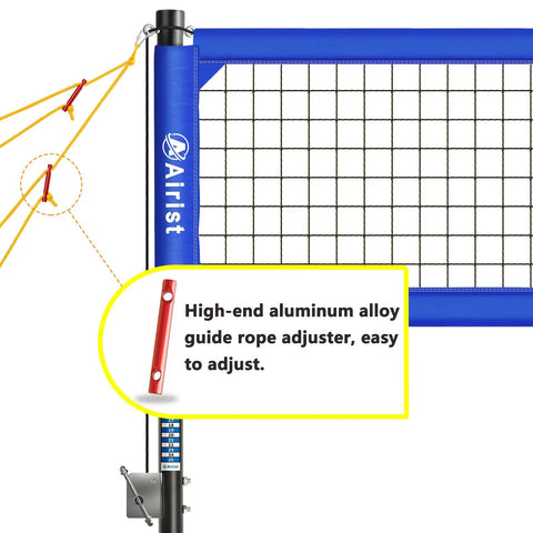 Heavy Duty Volleyball Net Set With Anti Sag System And Aluminum Poles Adjustable Height From Eight Feet To Seven Feet Eight Inches For Backyard Or Beach Play Includes Ball And Carrying Bag, showing net adjustment system