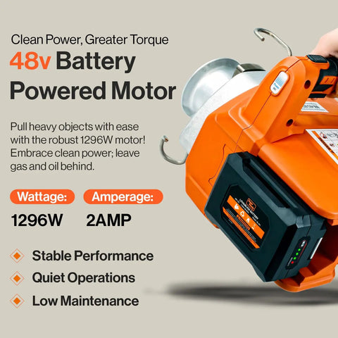 SuperHandy Portable Capstan Winch 2000 Lb Pull DC 48V Brushless Motor showing 1296W battery powered motor for heavy hauling.
