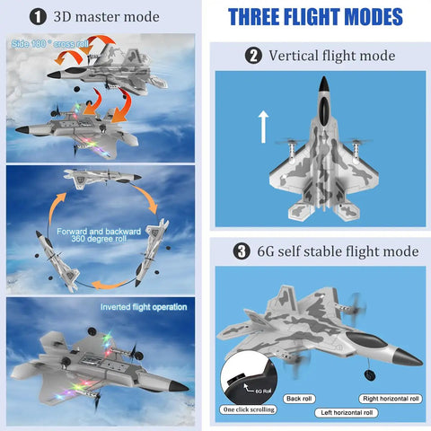 Diagram showing three flight modes of the F22 Style 4 Channel RC Airplane With Xpilot Stabilization System for aerobatics.