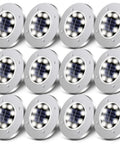 12-Pack Solar Ground Lights 8-LED In-Ground Pathway Lights Outdoor Waterproof For Yard Lawn Driveway White Finish Durable Stainless Steel And PC PP Build Solar Powered With NiMH Battery arranged in rows.