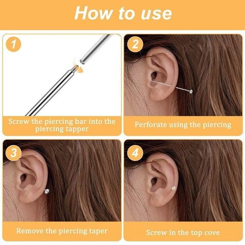 Step-by-step guide using the 16G 18G Piercing Taper And Pro Grade Ball Grabber Tool Set For Easy Jewelry Changes on ear piercing
