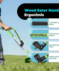 Person using Ergonomic Weed Eater Handle With Grip Extension For Back Support And Enhanced Leverage Trimmer Handle With Gloves for Upright Posture