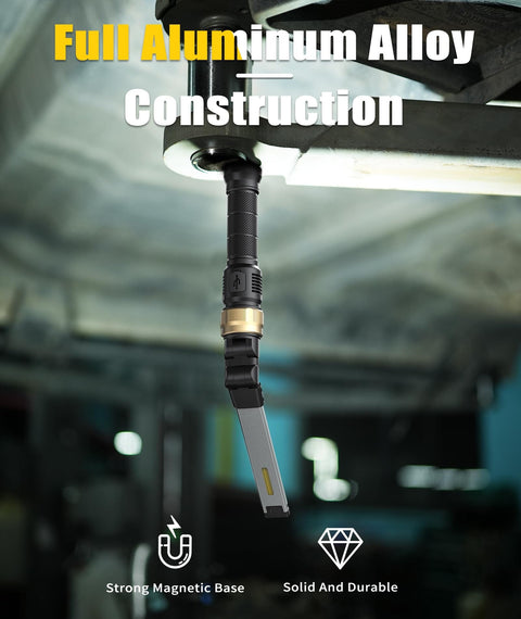 Rechargeable Magnetic Work Light, 5000mAh Battery, 360 Rotating Foldable LED Flashlight hanging from metal surface