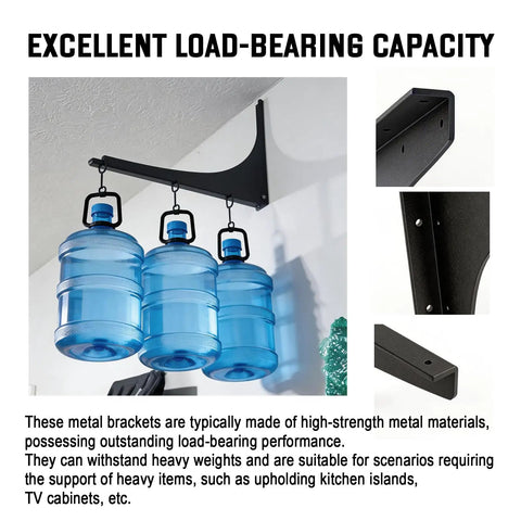 Beefy 1000-Pound Heavy Duty Shelf Brackets Set In Industrial Steel, Black holding three heavy water containers