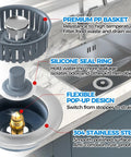 Sink drain strainer with 3-in-1 basket, silicone seal, and pop-up stopper; stainless steel, fits 3-1/2-inch sink hole, silver