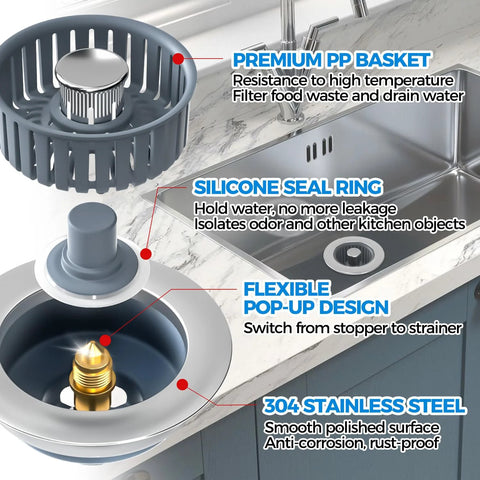 Sink drain strainer with 3-in-1 basket, silicone seal, and pop-up stopper; stainless steel, fits 3-1/2-inch sink hole, silver
