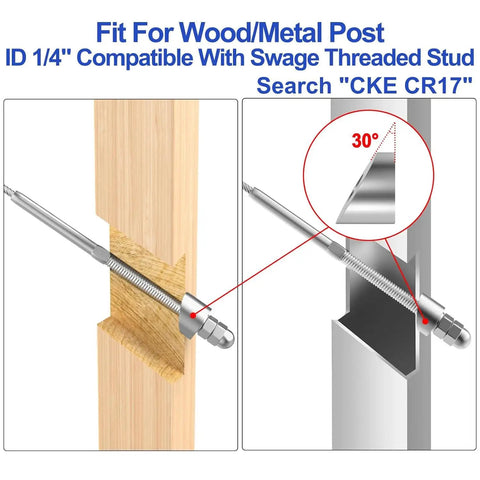50 Pack Cable Railing Kit With Swage Threaded Stud Tension End Fittings For 1 8th Inch Cable Deck Railing In T316 Stainless Steel For 4x4 And 2x2 Posts Easy Install Tensioner Hardware showing wood and metal post compatibility