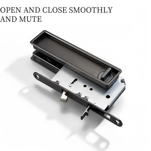 Concealed Edge Pull Pocket Door Lock With Privacy Function For Recessed Sliding Doors Fits Doors With Thickness From One And A Half To Nearly Two Inches Matte Black Rectangle Mortise Lock And Hidden Pull Handle For Seamless Operation, front view