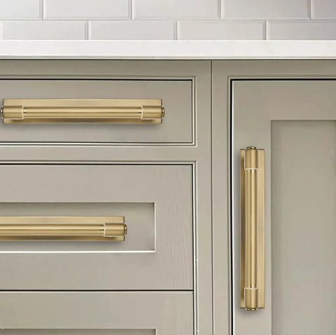 5 Pack 6 Inch Center To Center Champagne Bronze Cabinet Pulls With Backplate And Base Plate Made From Zinc Alloy In Satin Brass Finish installed on grey cabinets