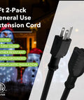 6ft Indoor Outdoor Extension Cord 16 Gauge 3 Conductor SJTW, 2 Pack, Black, 3 Prong, Weather Resistant, ETL Listed