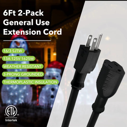 6ft Indoor Outdoor Extension Cord 16 Gauge 3 Conductor SJTW, 2 Pack, Black, 3 Prong, Weather Resistant, ETL Listed