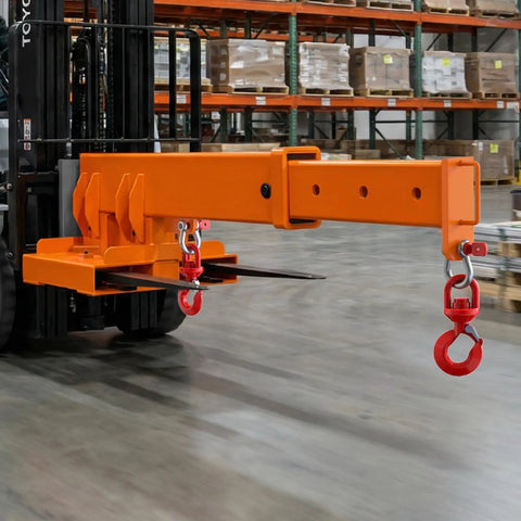 Heavy Duty Forklift Jib Boom Crane Attachment With No Fuss Tool Free Setup And Rock Solid Steel Build For Swift Rigging Up To 5511 Pounds Load Capacity Featuring Dual Swivel Hooks And Flexible Angles in warehouse.