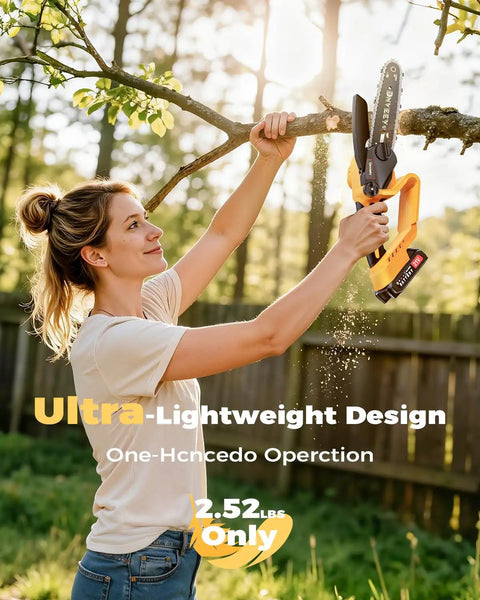 Person using Cordless Pole Saw and Mini Chainsaw Two in One Lightweight Electric Yard Tool With Brushless Motor Battery Powered